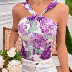 SHEIN VCAY Floral Print Twist Front Bodysuit